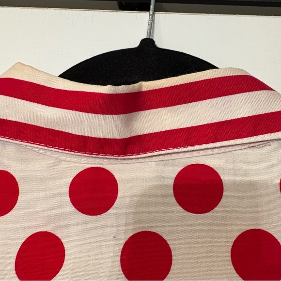 Vintage Banjo Red White Polka Dot Striped Button Western Rodeo Cropped Shirt - Picture 5 of 6